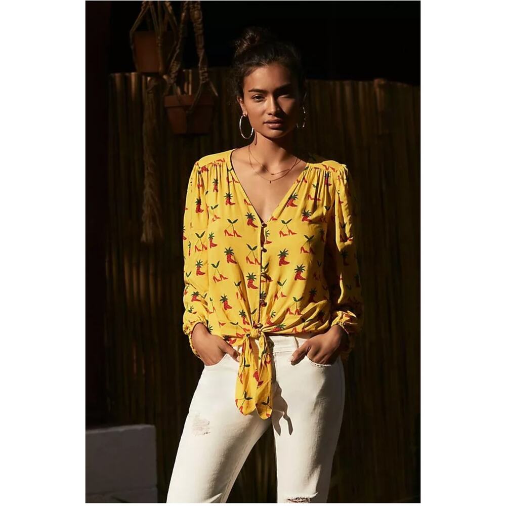 Anthropologie Kendra Dandy Yelllow Dreamer Button-Down Top Western Tie Front 14 - Picture 5 of 14